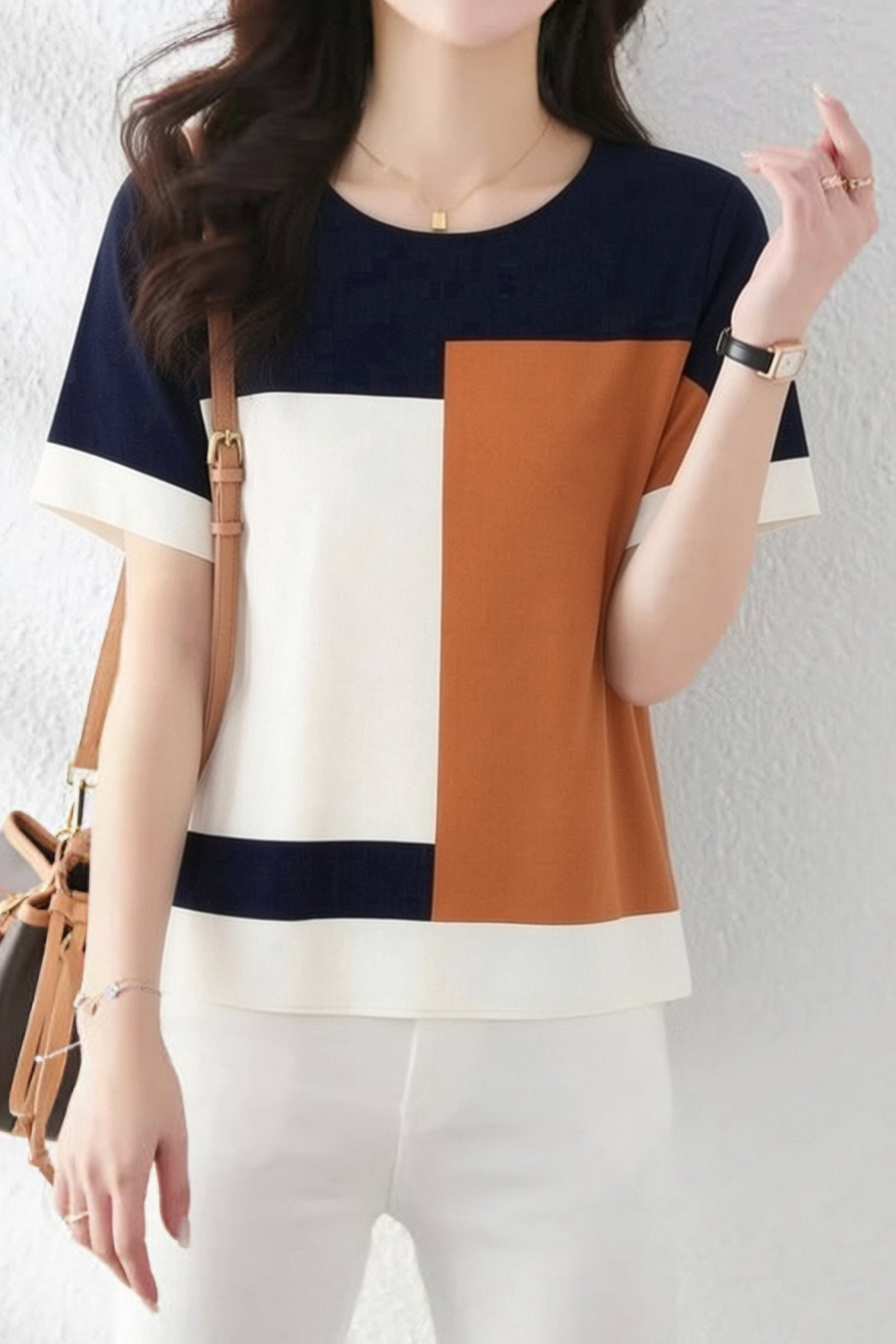 Casual Square Color Block Short Sleeve T-Shirt - liwisi