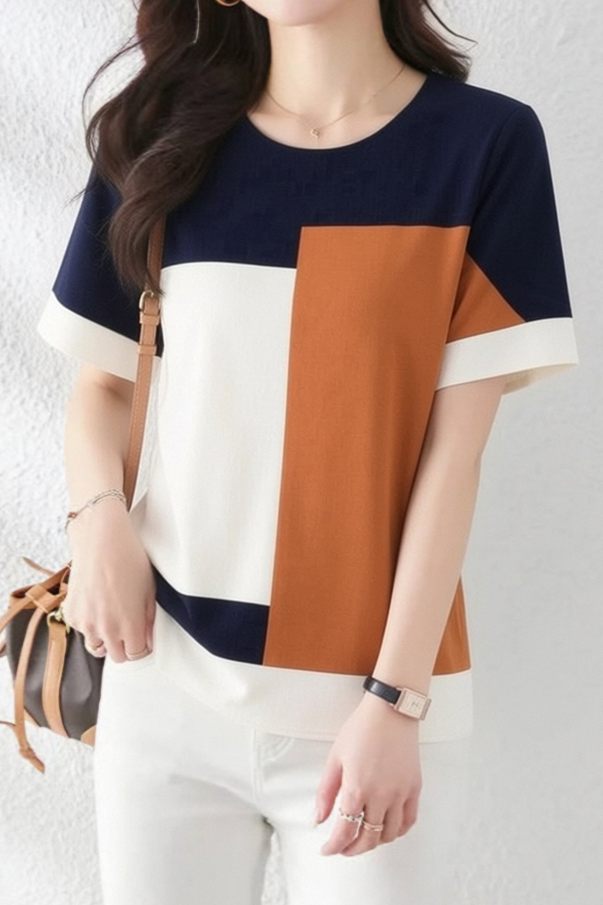 Casual Square Color Block Short Sleeve T-Shirt - liwisi