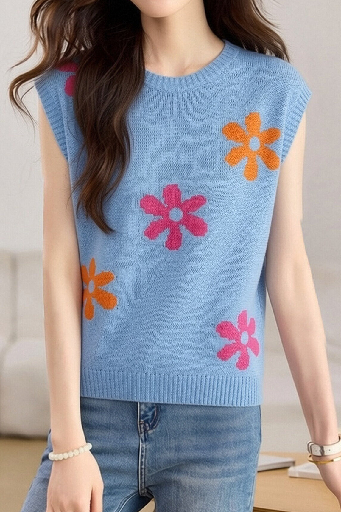 Casual Floral Pattern Knit Sweater - liwisi