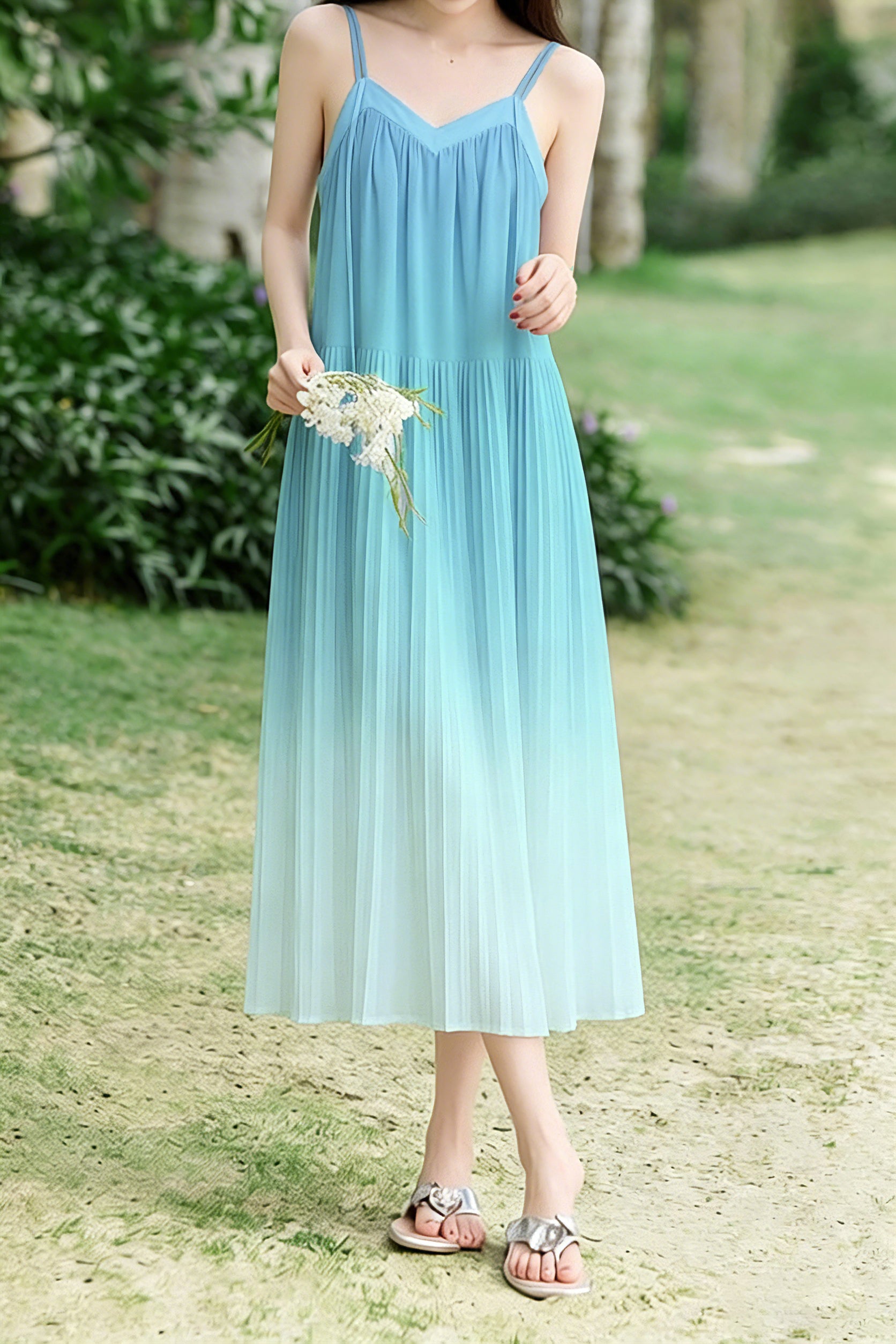 Casual Pleated Gradient Spaghetti Dress - liwisi