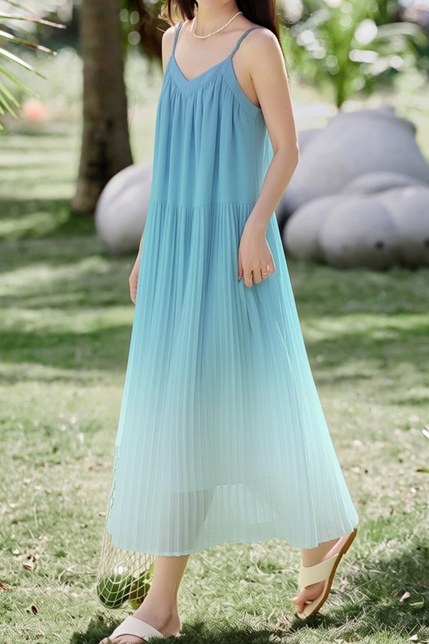 Casual Pleated Gradient Spaghetti Dress - liwisi