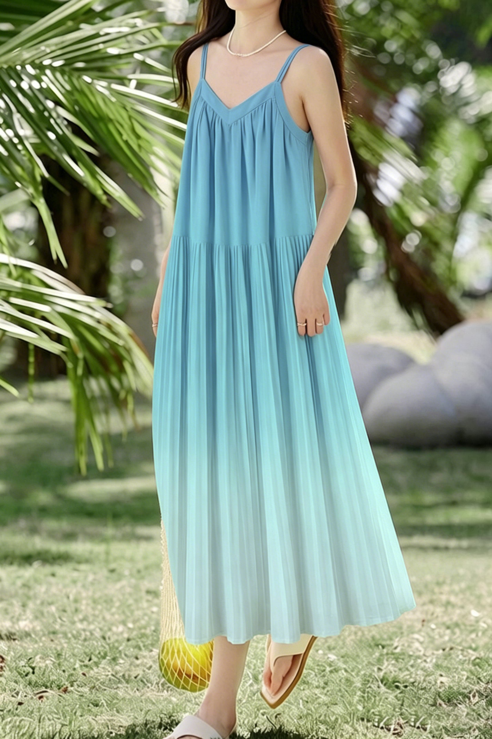 Casual Pleated Gradient Spaghetti Dress - liwisi