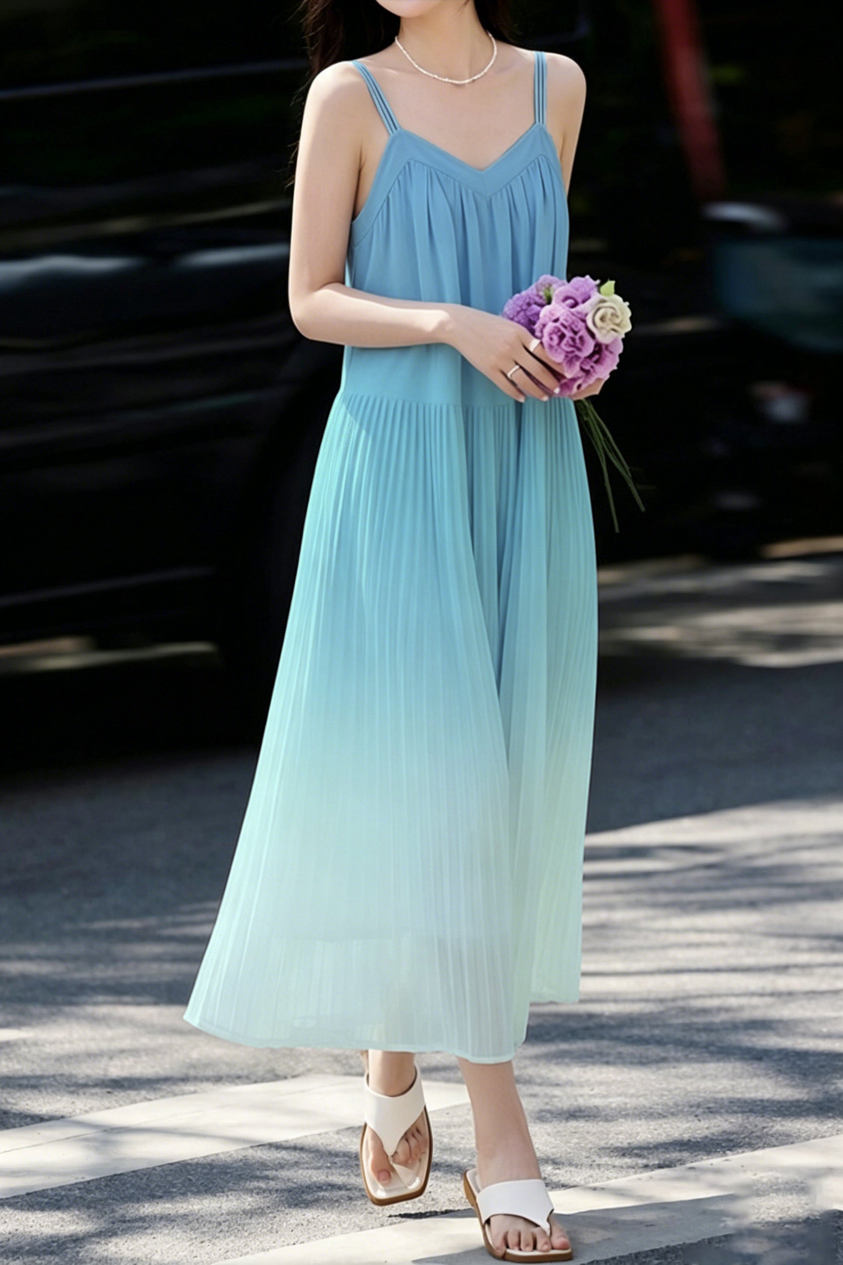 Casual Pleated Gradient Spaghetti Dress - liwisi