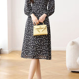 Exquisite Elegant Floral Waist-Cinched Long-Sleeve Dress