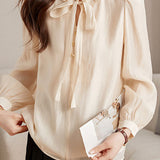 Exquisite Commuter Ruffled Tie Stand Collar Long-Sleeve Blouse