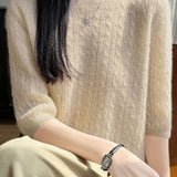 Elegant Commuter Crew Neck Cable Knit Pullover Five-Quarter Sleeve Top