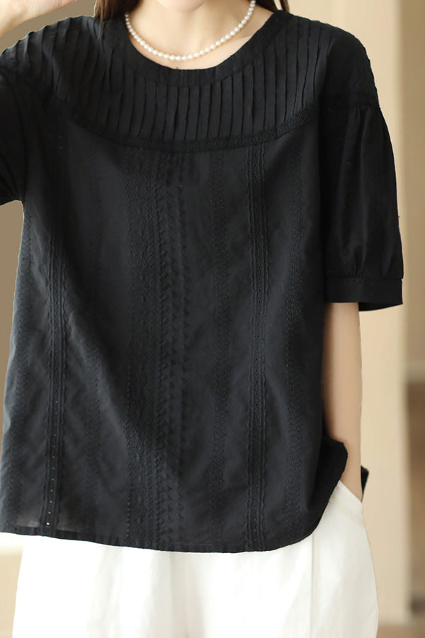 刺繡レース装飾ドロップショルダーピンタックTシャツ　3色入 - liwisi