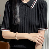Elegant Color Block Polo Neck Short Sleeve Knit Top