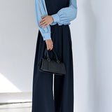 Elegant Commuter Crew Neck Color‑Block Spliced Top Wide‑Leg Pants Set
