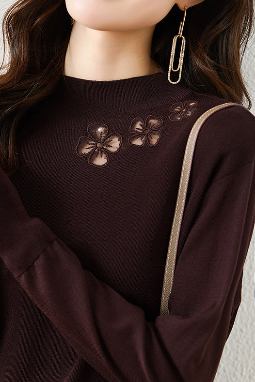 オフネックフラワー刺繍チュール切替ニット　4色入 - liwisi