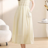 French Textured Crew Neck Short Sleeve Maxi Dress With Full Skirt