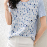 Round Neck Art Print Jacquard Check Contrast T-Shirt with Lining