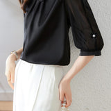 Diagonal Shirt Collar 3D Flower Pearl Decor Satin Blouse - 2 Colors Available