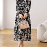 Elegant Commuter V‑Neck Floral Waist‑Defined Long‑Sleeve Dress