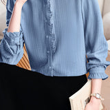 Elegant Vertical Shimmer Stripe Ruffled Blouse