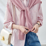 Casual Striped Patch Pocket Pure Cotton Shirt And Knit Shawl Two‑Piece Set