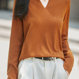Elegant Commuter V-Neck Knit Top With Fishbone Texture
