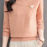 Elegant 3D Floral Asymmetric Topstitch Knit Sweater