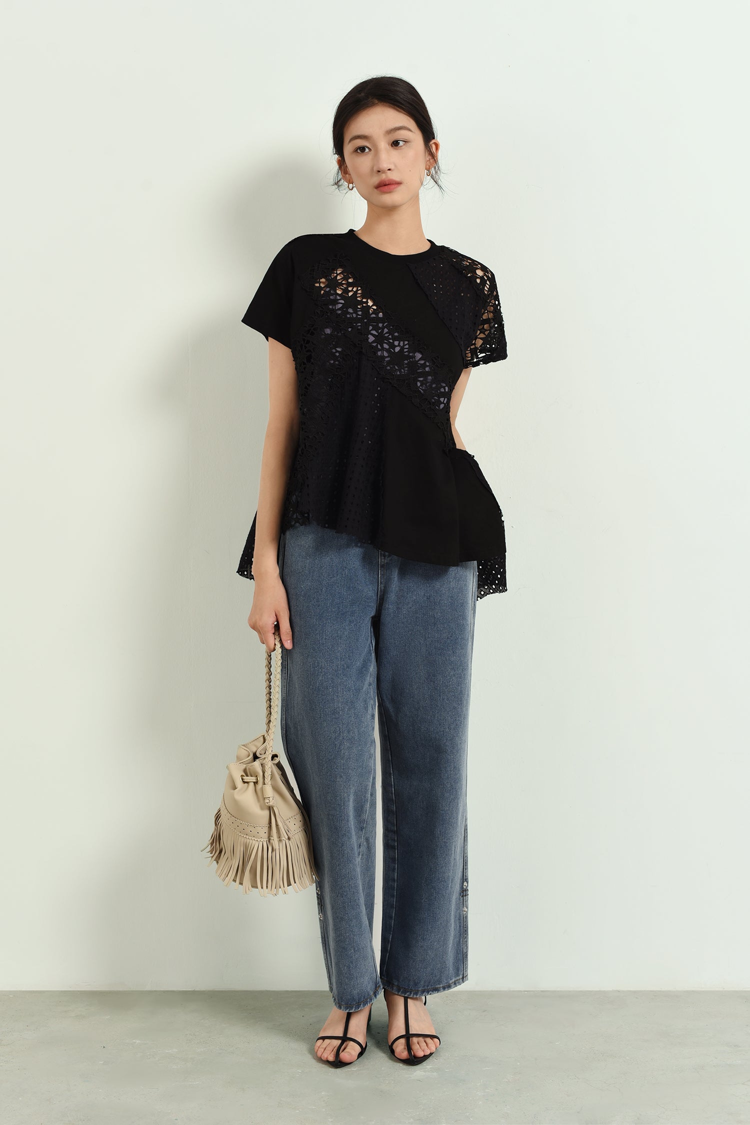 イレギュラーヘム刺繡切り替えTシャツ　3色入 - liwisi
