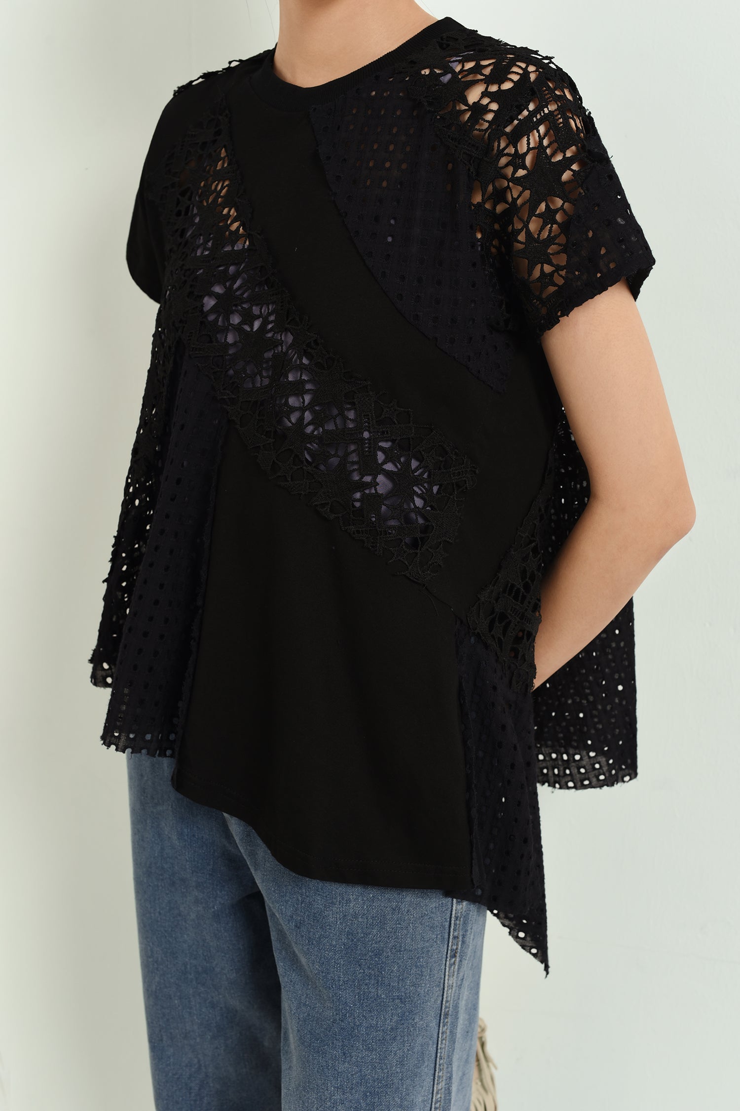 イレギュラーヘム刺繡切り替えTシャツ　3色入 - liwisi