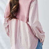 Casual Striped Patch Pocket Pure Cotton Shirt And Knit Shawl Two‑Piece Set