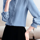 Elegant Vertical Shimmer Stripe Ruffled Blouse