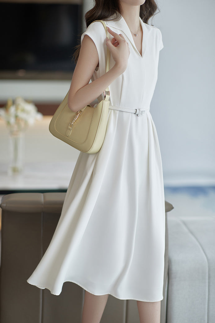 Skipper Collar Buckle Belted Flare Dress with Lining - 2 Colors Available - Black / M Skipper Collar Buckle Belted Flare Dress with Lining - 2 Colors Available - Black / M