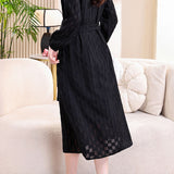 Elegant Commuter Stand Collar Tie Waist Long-Sleeve Dress