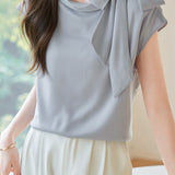Diagonal Bow Tie Collar Drop Shoulder Satin Blouse - 2 Colors Available