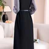 Exquisite Elegant Ruffled Stand‑Collar Spliced Long‑Sleeve Dress