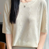 Elegant Short-Sleeve Knit Top With Water Ripple Pattern