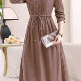 Exquisite Commuter Ruffled Crew Neck Long-Sleeve Dress With Drawstring Waist
