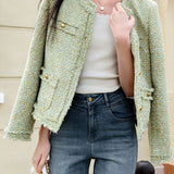 French Elegant Crew Neck Tweed Woven Long Sleeve Jacket