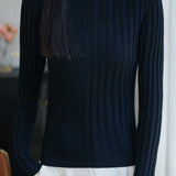 Casual Wavy‑Edge Hollow‑Out Ribbed Mock Neck Knit Top