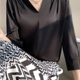 V-Neck Front Tuck Satin Blouse - 5 Colors Available