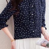 Exquisite Commuter Ruffled Floral Stand Collar Long Sleeve Blouse