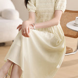French Textured Crew Neck Short Sleeve Maxi Dress With Full Skirt