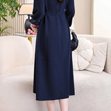 Elegant Commuter Midi Crew Neck Dress With Buttons & Waist Tie