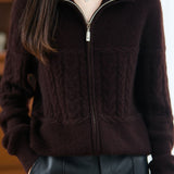 Casual Retro Cable‑Knit Spliced Zip‑Up Cardigan