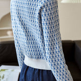 French Date Crew Neck Jacquard Long Sleeve Knit Cardigan