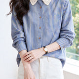 Elegant Date Lace Peter Pan Collar Long‑Sleeve Striped Blouse