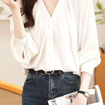 Early Autumn Stylish Ruched V-Neck Shirt - liwisi