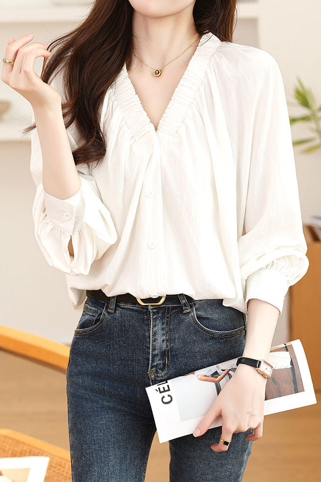 Early Autumn Stylish Ruched V-Neck Shirt - liwisi