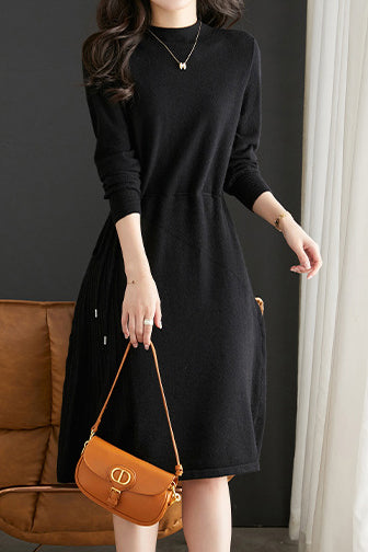 Off Neck Drawstring Flare Knit Dress - 3 Colors Available - liwisi