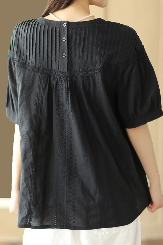 刺繡レース装飾ドロップショルダーピンタックTシャツ　3色入 - liwisi