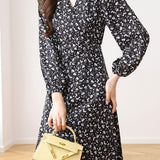 Exquisite Elegant Floral Waist-Cinched Long-Sleeve Dress
