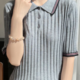 Elegant Color Block Polo Neck Short Sleeve Knit Top