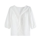Scalloped V-Neck Embroidered Lace Contrast Puff Blouse