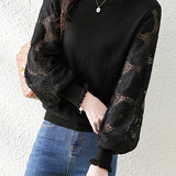Elegant Temperament Patchwork Lace Puff Sleeve Knitted Top
