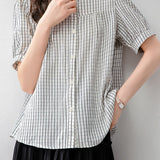 Casual Commuter Plaid Small Lapel Lantern Sleeve Blouse